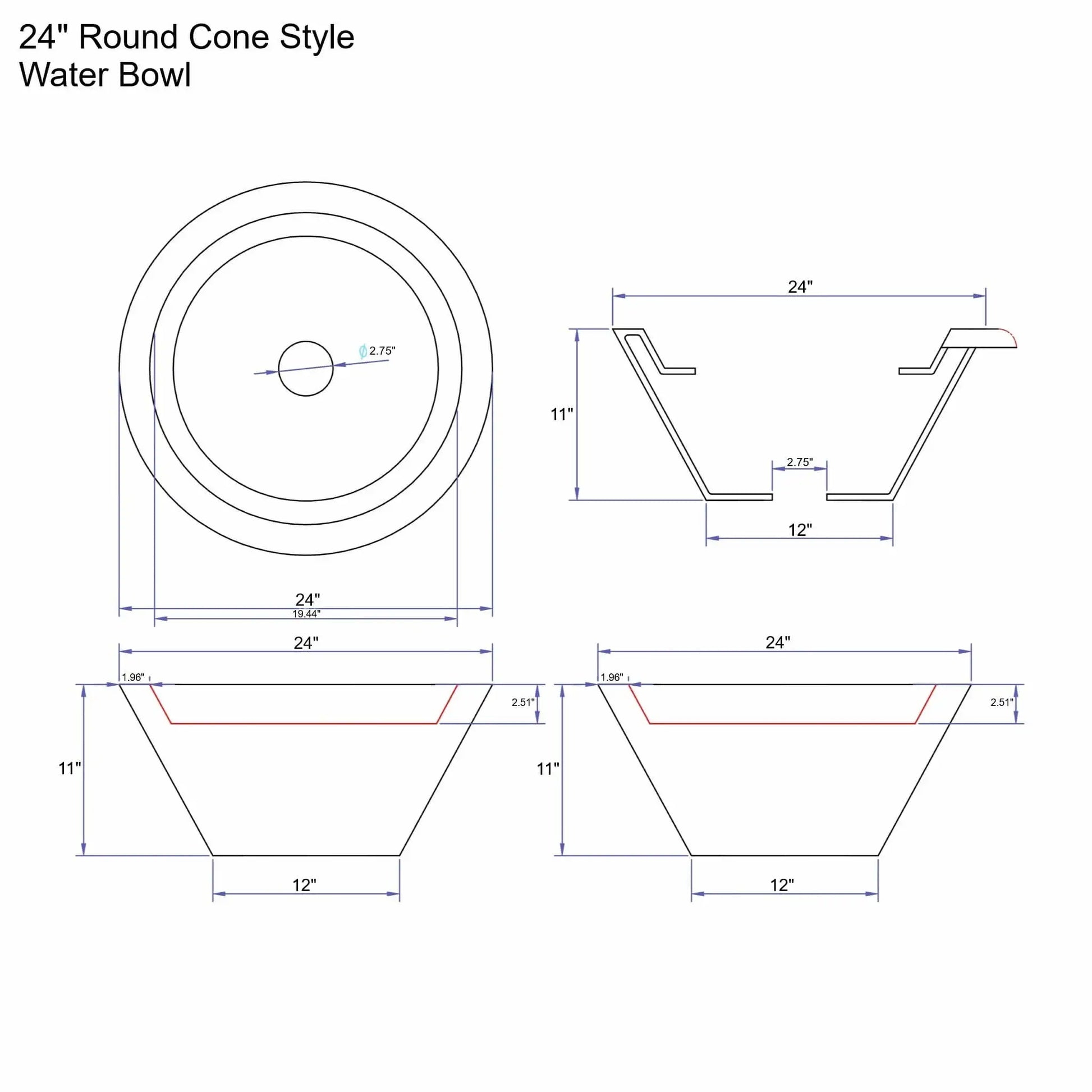 Engineering diagram of a 24 inch round cone-style Serenity Series water bowl by Flame Havens. The sheet shows plan, elevation, and sectional views highlighting the sloped cone body, 11 inch overall height, 24 inch diameter, 12 inch base, and 2.75 inch center drain opening. Measurements detail the angled side profile and inner water channel geometry used for decorative pool and fountain water features.