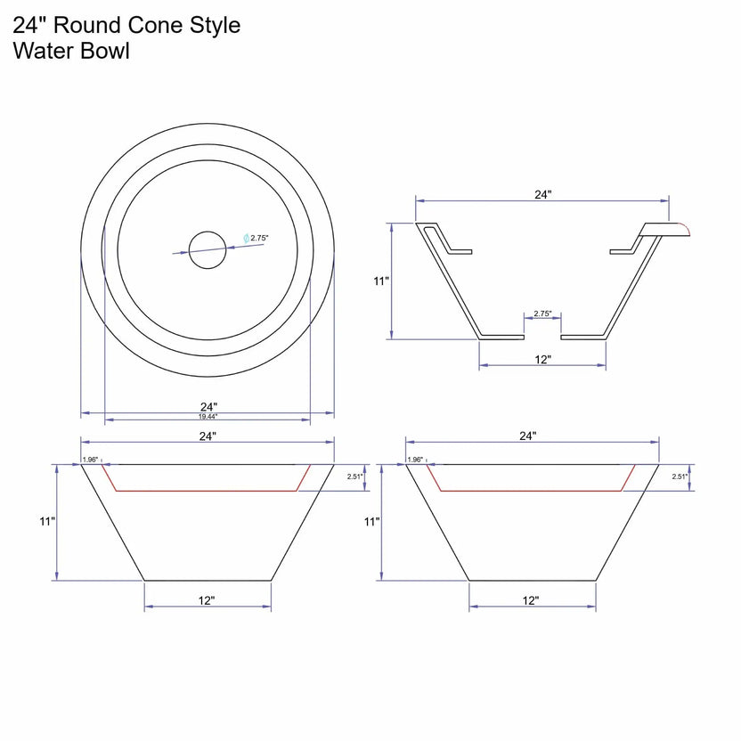 Engineering diagram of a 24 inch round cone-style Serenity Series water bowl by Flame Havens. The sheet shows plan, elevation, and sectional views highlighting the sloped cone body, 11 inch overall height, 24 inch diameter, 12 inch base, and 2.75 inch center drain opening. Measurements detail the angled side profile and inner water channel geometry used for decorative pool and fountain water features.