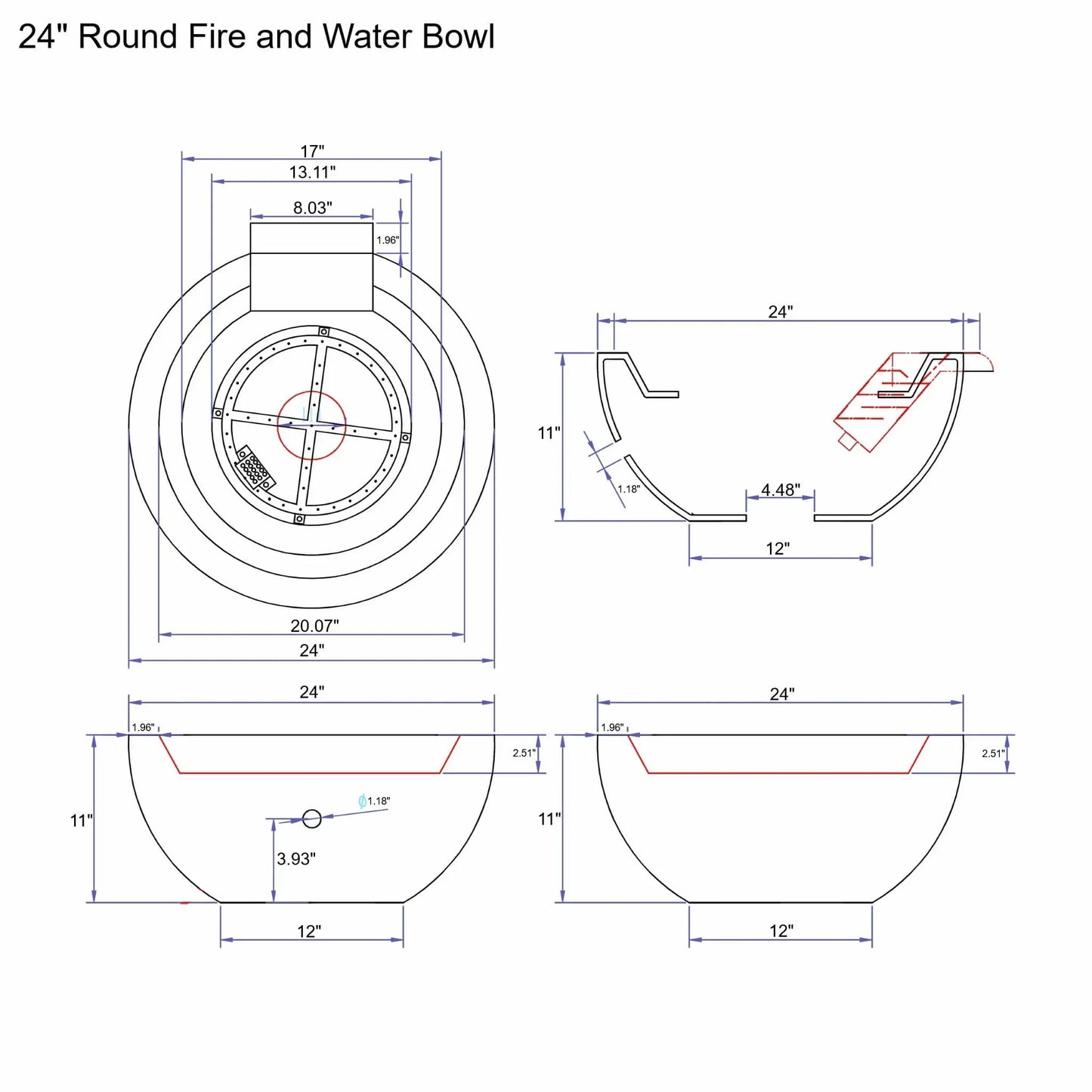 Technical drawing of a 24-inch round GFRC concrete fire and water bowl showing top, side, and cross-section views with detailed measurements, burner placement, spillway dimensions, wall thickness, and overall bowl height for installation and design reference.