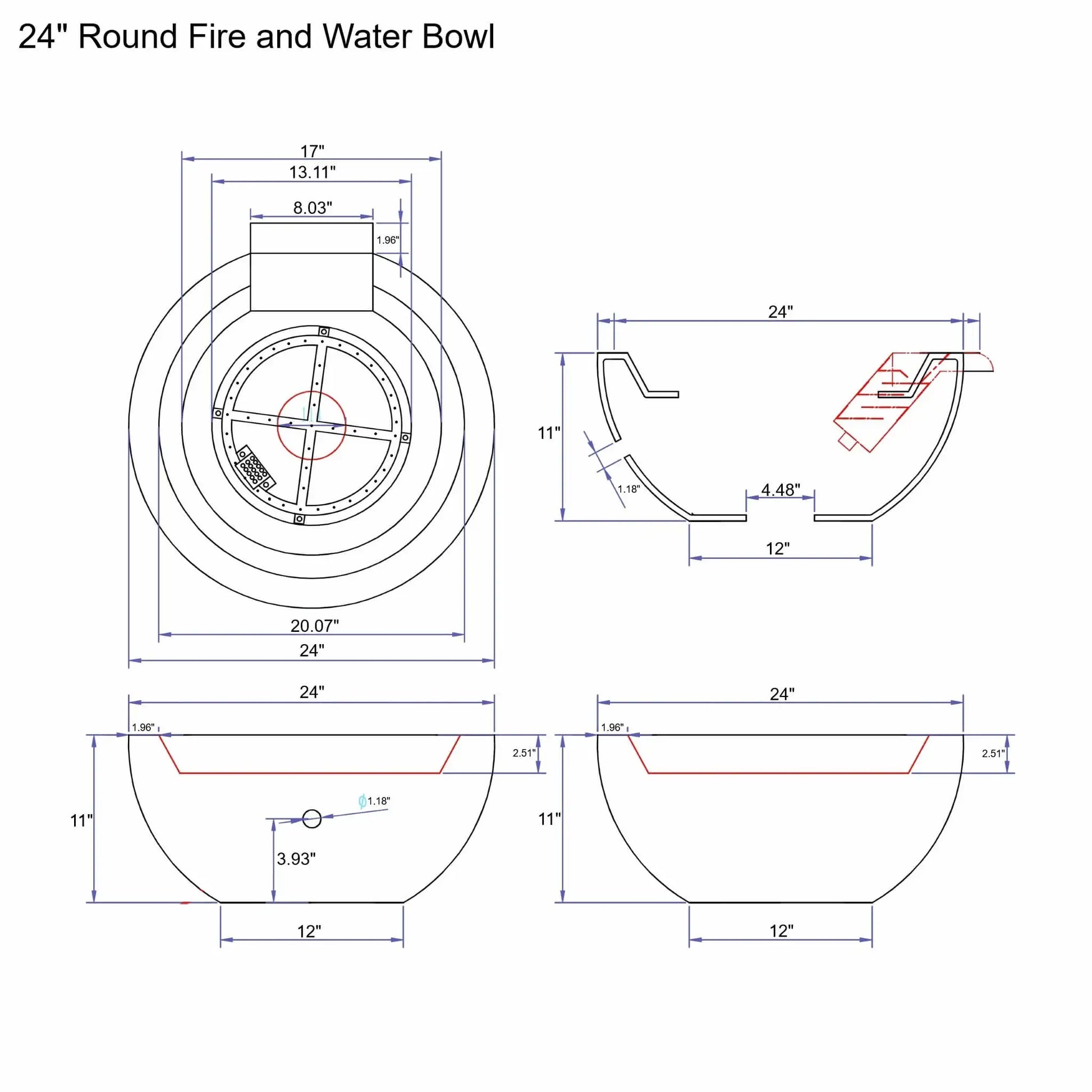 Technical drawing of a 24-inch round GFRC concrete fire and water bowl showing top, side, and cross-section views with detailed measurements, burner placement, spillway dimensions, wall thickness, and overall bowl height for installation and design reference.