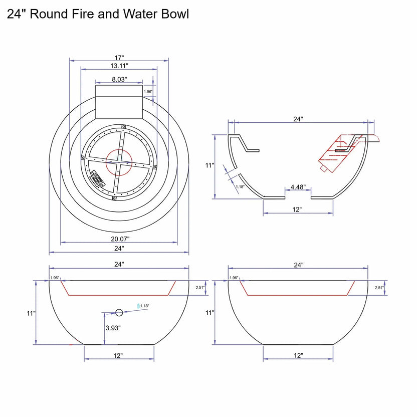 Technical drawing of a 24-inch round GFRC concrete fire and water bowl showing top, side, and cross-section views with detailed measurements, burner placement, spillway dimensions, wall thickness, and overall bowl height for installation and design reference.
