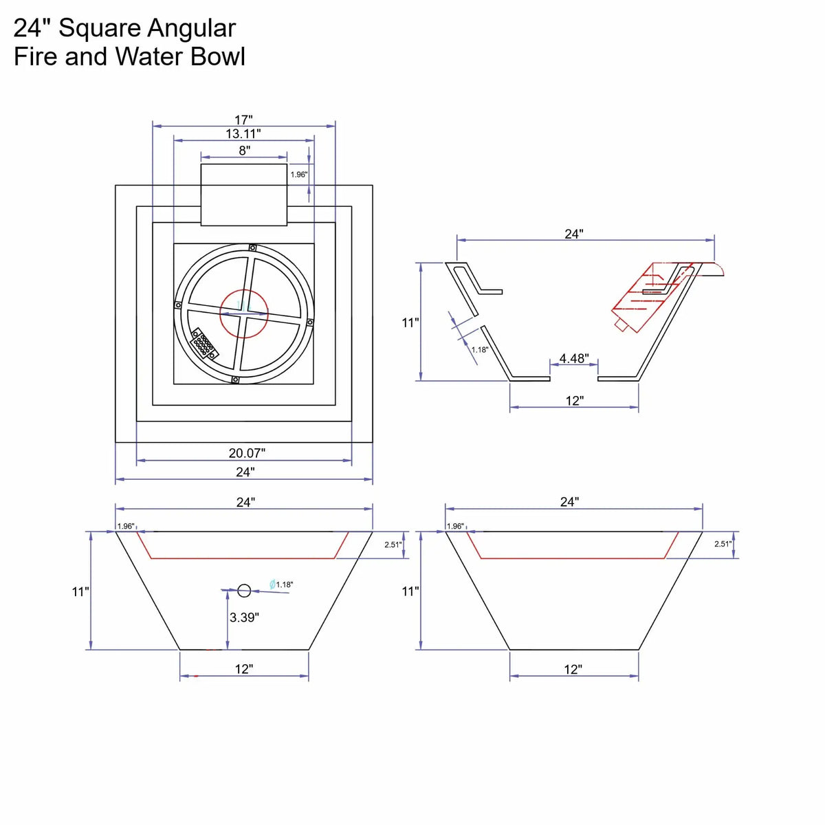 Detailed technical drawing of a 24-inch square angular fire and water bowl, showing top, side, and cross-section views with precise measurements. The diagram highlights burner placement, water scupper location, bowl depth, and overall dimensions for accurate installation and planning of a GFRC concrete fire and water feature.