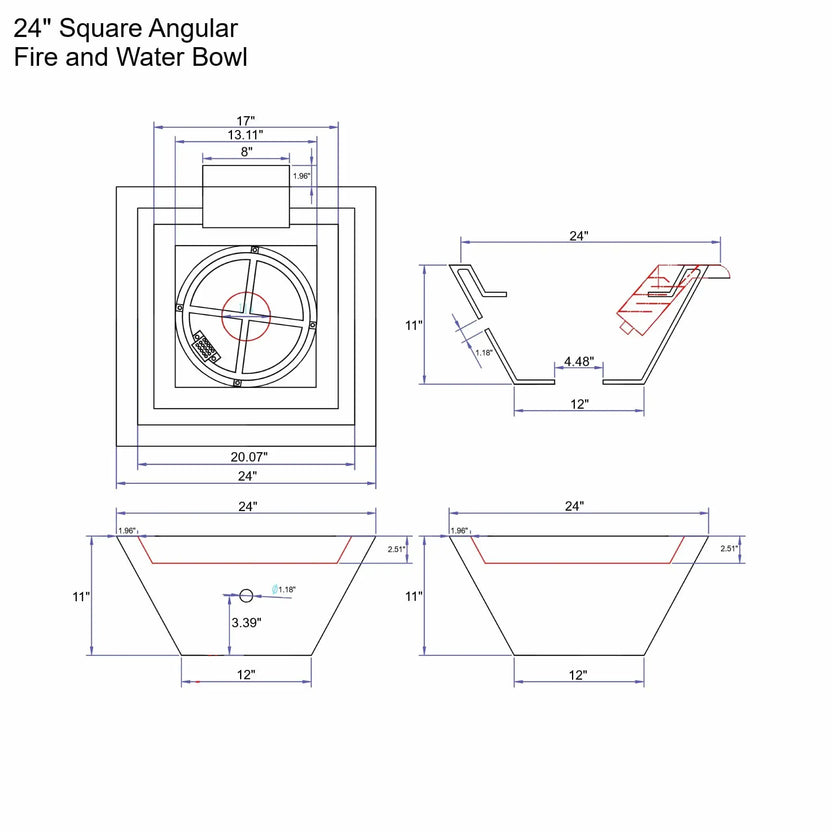 Detailed technical drawing of a 24-inch square angular fire and water bowl, showing top, side, and cross-section views with precise measurements. The diagram highlights burner placement, water scupper location, bowl depth, and overall dimensions for accurate installation and planning of a GFRC concrete fire and water feature.