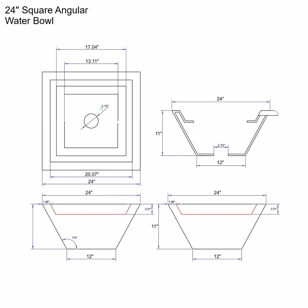 Dimensioned specification drawing of a 24 inch square angular water bowl from the Flame Havens Serenity Series. The diagram includes top, side, and sectional views with precise measurements for the 24 inch square rim, 11 inch height, 12 inch base width, and 2.75 inch center plumbing opening. Angular sidewalls and interior water channel are illustrated for architectural pool and fountain installation.
