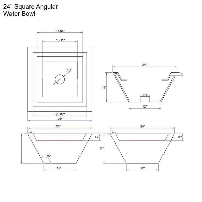 Dimensioned specification drawing of a 24 inch square angular water bowl from the Flame Havens Serenity Series. The diagram includes top, side, and sectional views with precise measurements for the 24 inch square rim, 11 inch height, 12 inch base width, and 2.75 inch center plumbing opening. Angular sidewalls and interior water channel are illustrated for architectural pool and fountain installation.
