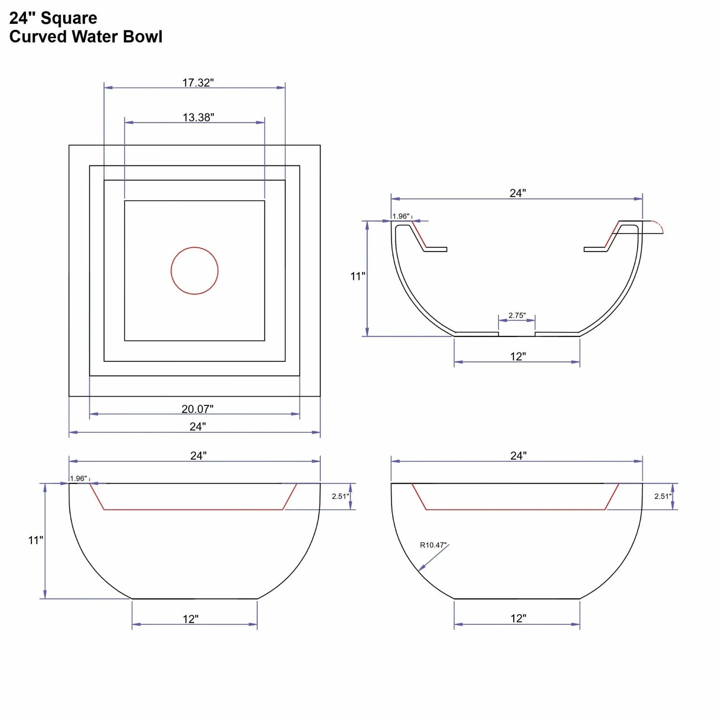 Technical specification sheet for a 24 inch square curved Serenity Series water bowl. The diagram displays top and cross-section views showing the curved bowl profile, 24 inch outer dimensions, 11 inch height, 12 inch base footprint, and centered 2.75 inch plumbing opening. Interior lip depth and radius details illustrate the smooth curved body designed for decorative water feature installations.