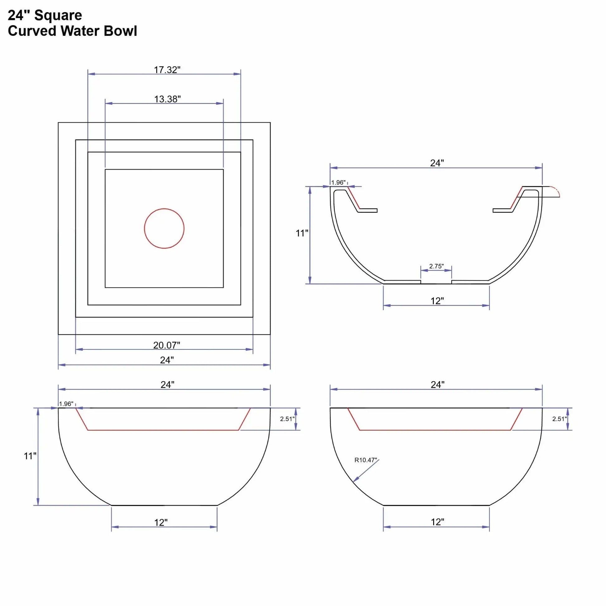 Technical specification sheet for a 24 inch square curved Serenity Series water bowl. The diagram displays top and cross-section views showing the curved bowl profile, 24 inch outer dimensions, 11 inch height, 12 inch base footprint, and centered 2.75 inch plumbing opening. Interior lip depth and radius details illustrate the smooth curved body designed for decorative water feature installations.