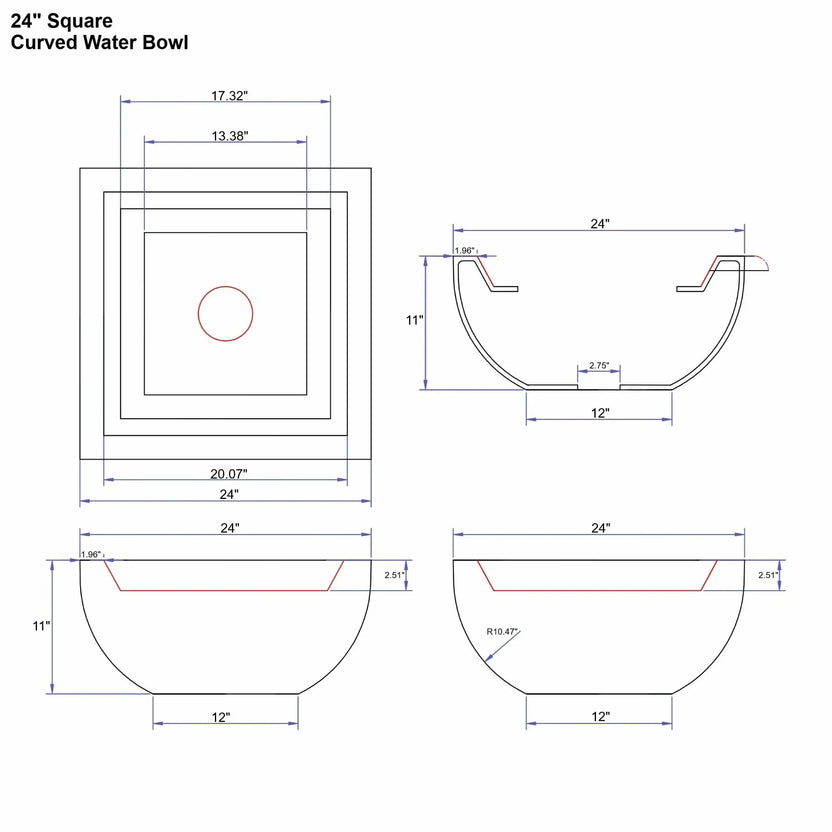 Technical specification sheet for a 24 inch square curved Serenity Series water bowl. The diagram displays top and cross-section views showing the curved bowl profile, 24 inch outer dimensions, 11 inch height, 12 inch base footprint, and centered 2.75 inch plumbing opening. Interior lip depth and radius details illustrate the smooth curved body designed for decorative water feature installations.