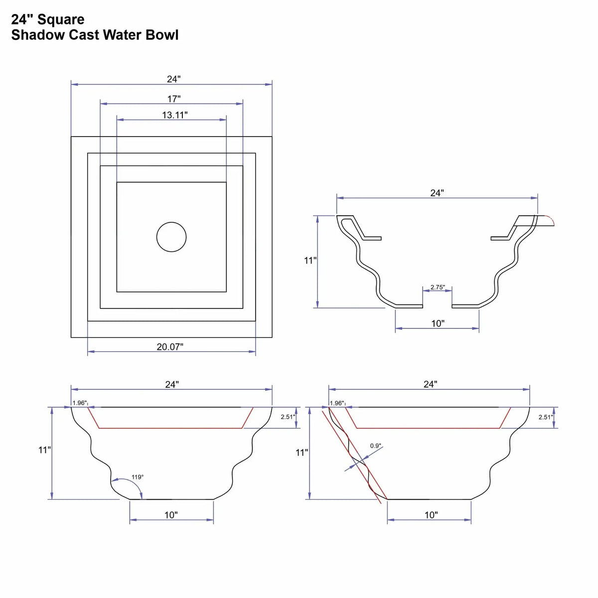 Engineering specification diagram of a 24 inch square shadow cast water bowl from the Flame Havens Serenity Series. The drawing shows top and sectional views with dimensional callouts including a 24 inch rim, 11 inch height, sculpted shadow-cast exterior profile, and a centered 2.75 inch plumbing opening. The wavy bowl contour and stepped rim design are detailed for architectural fountain installations.