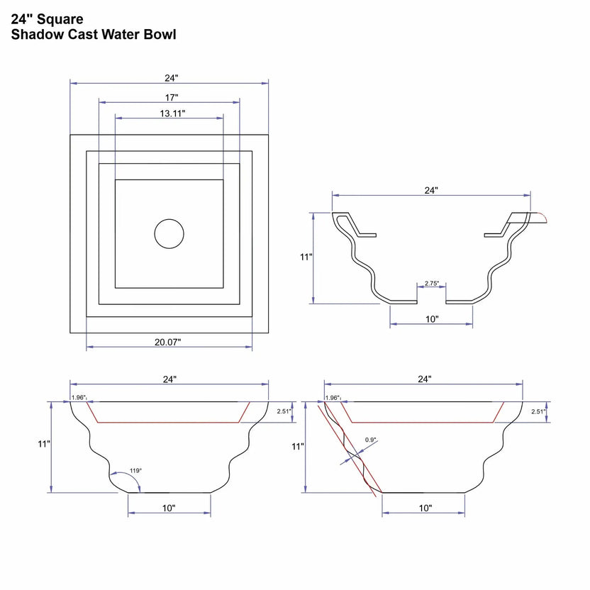 Engineering specification diagram of a 24 inch square shadow cast water bowl from the Flame Havens Serenity Series. The drawing shows top and sectional views with dimensional callouts including a 24 inch rim, 11 inch height, sculpted shadow-cast exterior profile, and a centered 2.75 inch plumbing opening. The wavy bowl contour and stepped rim design are detailed for architectural fountain installations.
