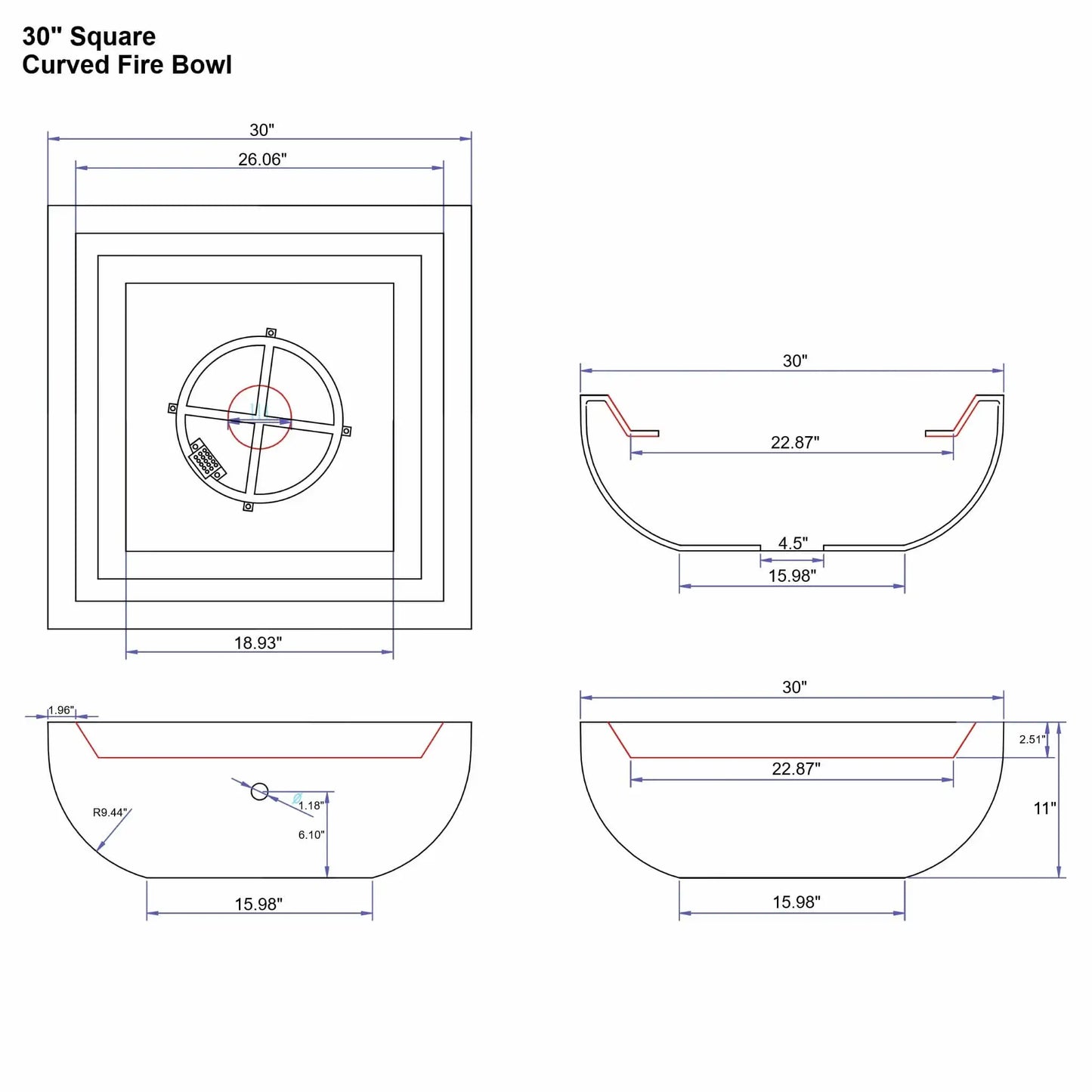 Specification sheet for the Flame Havens Serenity Series 30-inch square curved fire bowl featuring top, side, and sectional views. The drawing provides labeled dimensions for overall width, interior bowl depth, burner location, and base footprint. The curved profile and bowl geometry are illustrated to assist with proper installation and design planning.