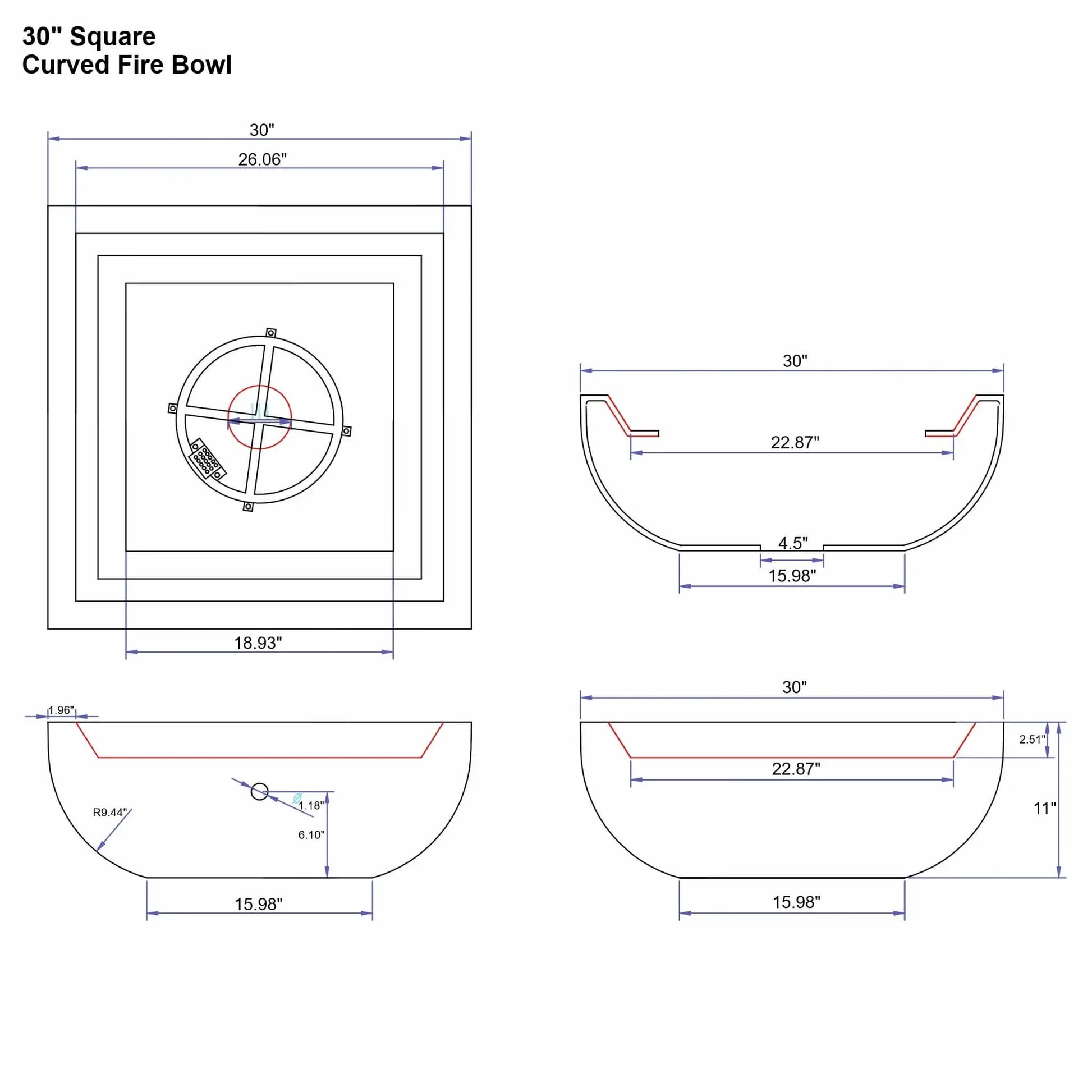 Specification sheet for the Flame Havens Serenity Series 30-inch square curved fire bowl featuring top, side, and sectional views. The drawing provides labeled dimensions for overall width, interior bowl depth, burner location, and base footprint. The curved profile and bowl geometry are illustrated to assist with proper installation and design planning.