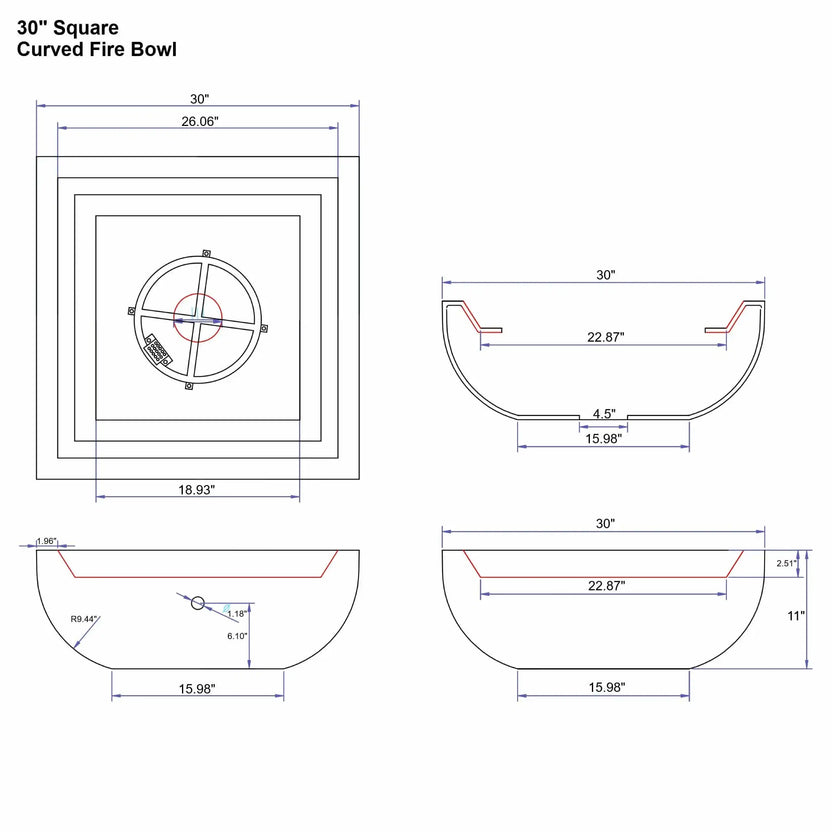Specification sheet for the Flame Havens Serenity Series 30-inch square curved fire bowl featuring top, side, and sectional views. The drawing provides labeled dimensions for overall width, interior bowl depth, burner location, and base footprint. The curved profile and bowl geometry are illustrated to assist with proper installation and design planning.