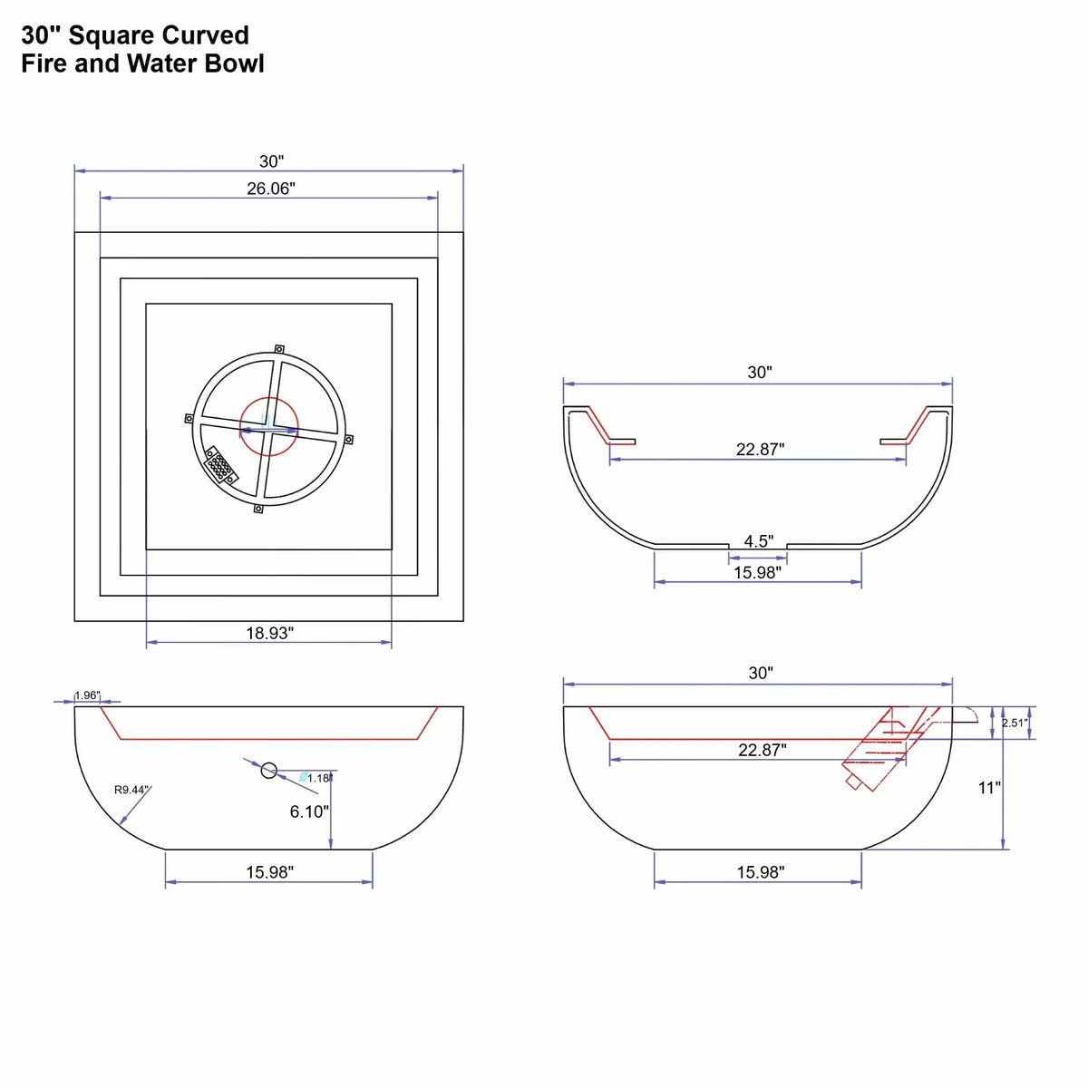 Technical specification diagram showing the 30-inch Flame Havens Serenity Series square curved fire and water bowl. The engineering layout includes top and side views with precise dimensional measurements, burner ring placement, basin depth, base width, and integrated spillway geometry. This drawing illustrates the internal structure, curved bowl profile, and installation dimensions used for manufacturing and poolside fire feature installation.