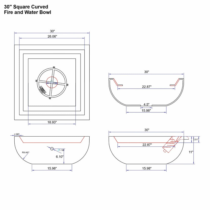 Technical specification diagram showing the 30-inch Flame Havens Serenity Series square curved fire and water bowl. The engineering layout includes top and side views with precise dimensional measurements, burner ring placement, basin depth, base width, and integrated spillway geometry. This drawing illustrates the internal structure, curved bowl profile, and installation dimensions used for manufacturing and poolside fire feature installation.