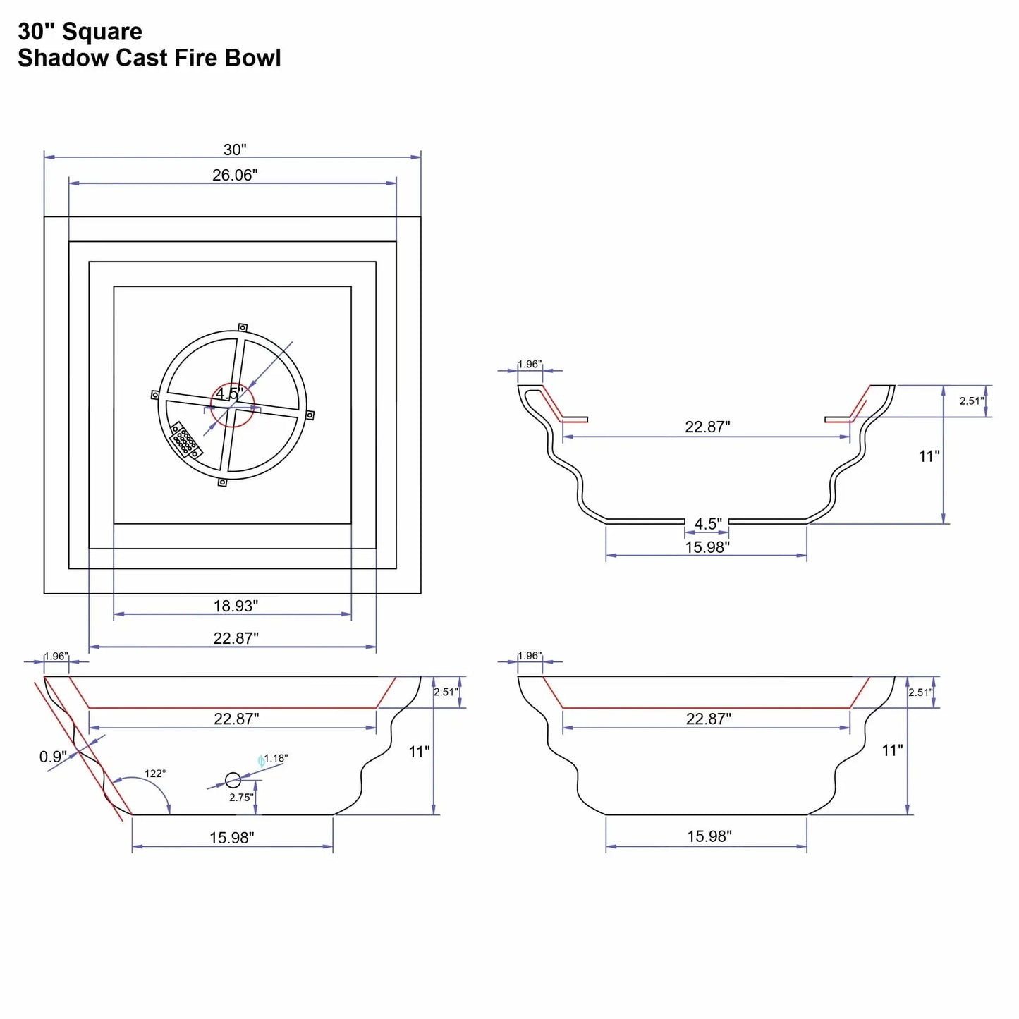 Engineering specification diagram for the Serenity Series 30-inch square shadow cast fire bowl. Multiple views display detailed measurements for the sculpted bowl profile, burner opening, drain hole, and mounting dimensions. The technical illustration provides installers with accurate sizing and geometry for integrating the fire bowl into poolside or landscape installations.