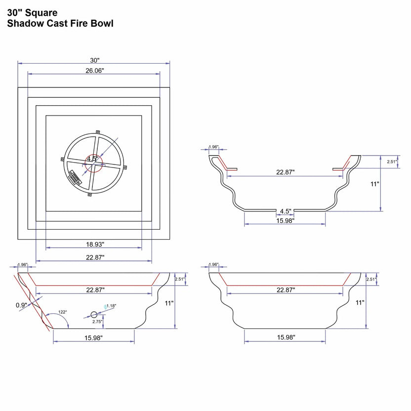 Engineering specification diagram for the Serenity Series 30-inch square shadow cast fire bowl. Multiple views display detailed measurements for the sculpted bowl profile, burner opening, drain hole, and mounting dimensions. The technical illustration provides installers with accurate sizing and geometry for integrating the fire bowl into poolside or landscape installations.