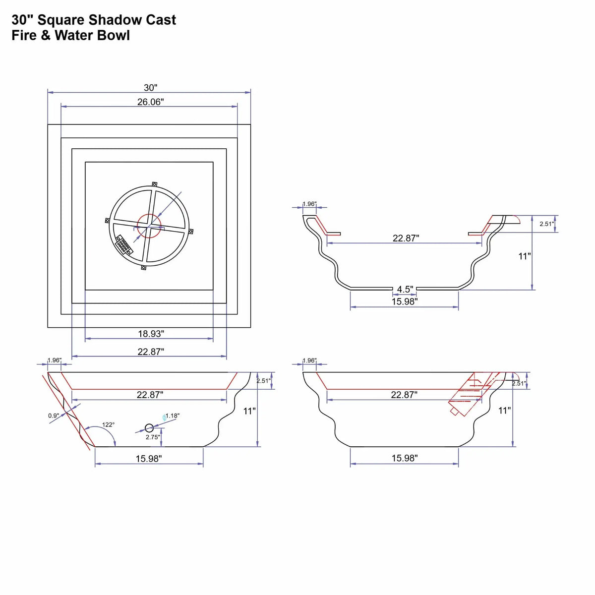 Engineering specification drawing for the 30-inch Serenity Series square Shadow Cast fire and water bowl. Multiple views display the stepped ripple-style exterior profile, burner location, basin dimensions, and integrated copper waterfall spillway. Measurement callouts show the bowl’s depth, internal diameter, and base footprint used for fabrication, installation, and architectural planning.