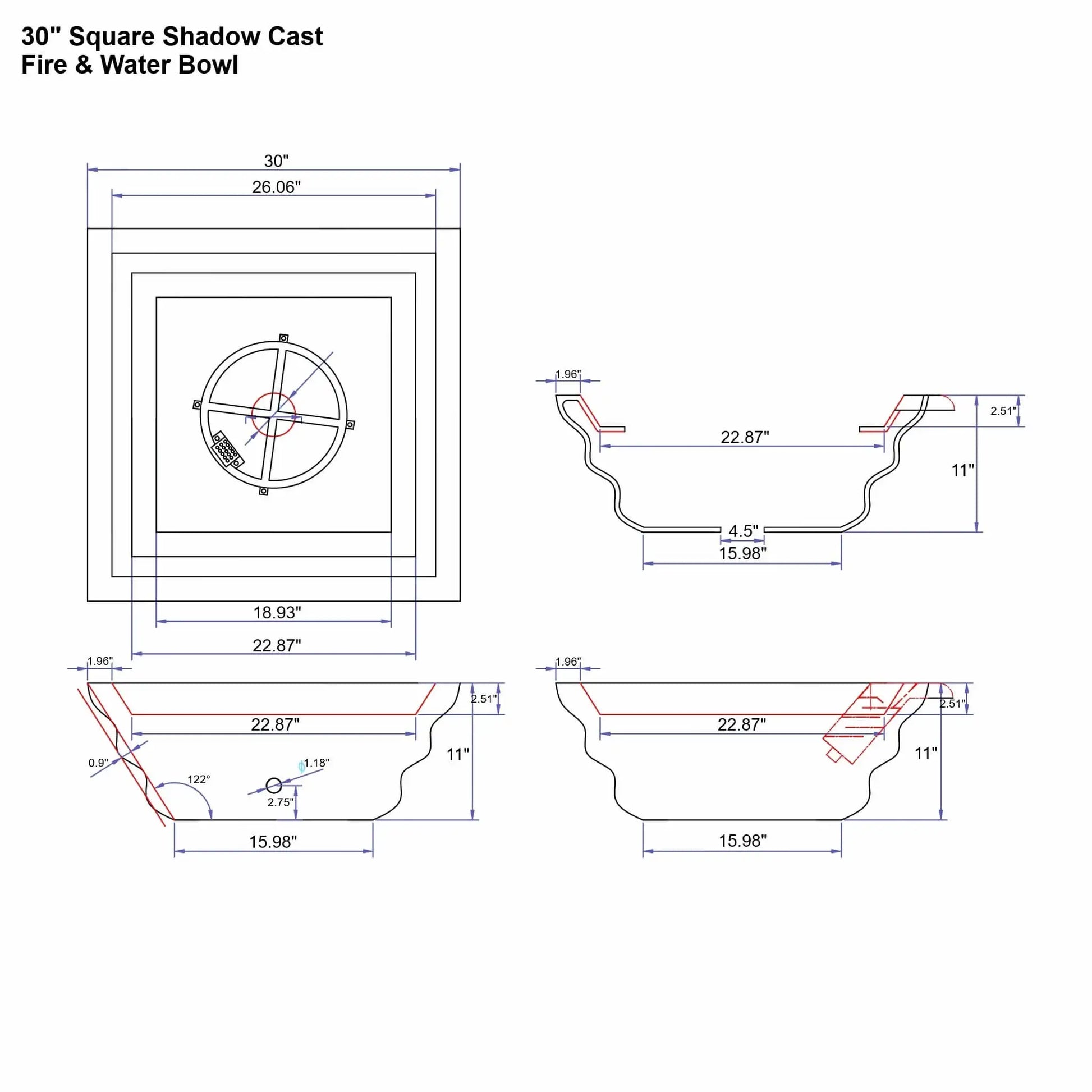 Engineering specification drawing for the 30-inch Serenity Series square Shadow Cast fire and water bowl. Multiple views display the stepped ripple-style exterior profile, burner location, basin dimensions, and integrated copper waterfall spillway. Measurement callouts show the bowl’s depth, internal diameter, and base footprint used for fabrication, installation, and architectural planning.