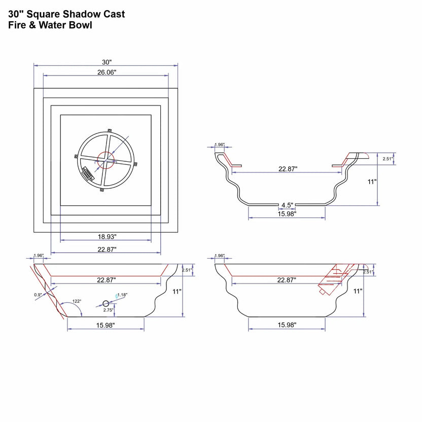 Engineering specification drawing for the 30-inch Serenity Series square Shadow Cast fire and water bowl. Multiple views display the stepped ripple-style exterior profile, burner location, basin dimensions, and integrated copper waterfall spillway. Measurement callouts show the bowl’s depth, internal diameter, and base footprint used for fabrication, installation, and architectural planning.