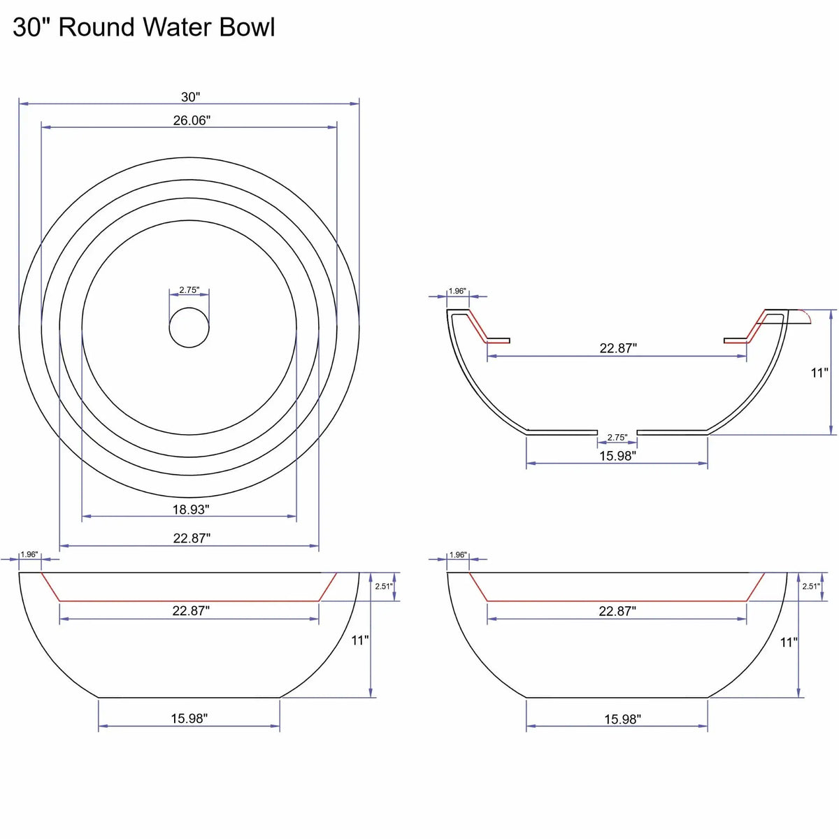 Detailed specification diagram of a 30 inch round Serenity Series water bowl by Flame Havens. The plan and cross-section views display a 30 inch diameter rim, 11 inch bowl height, 15.98 inch base width, and a centered 2.75 inch plumbing opening. Interior water basin dimensions and rim thickness are clearly labeled for accurate installation in custom pool and fountain water features.