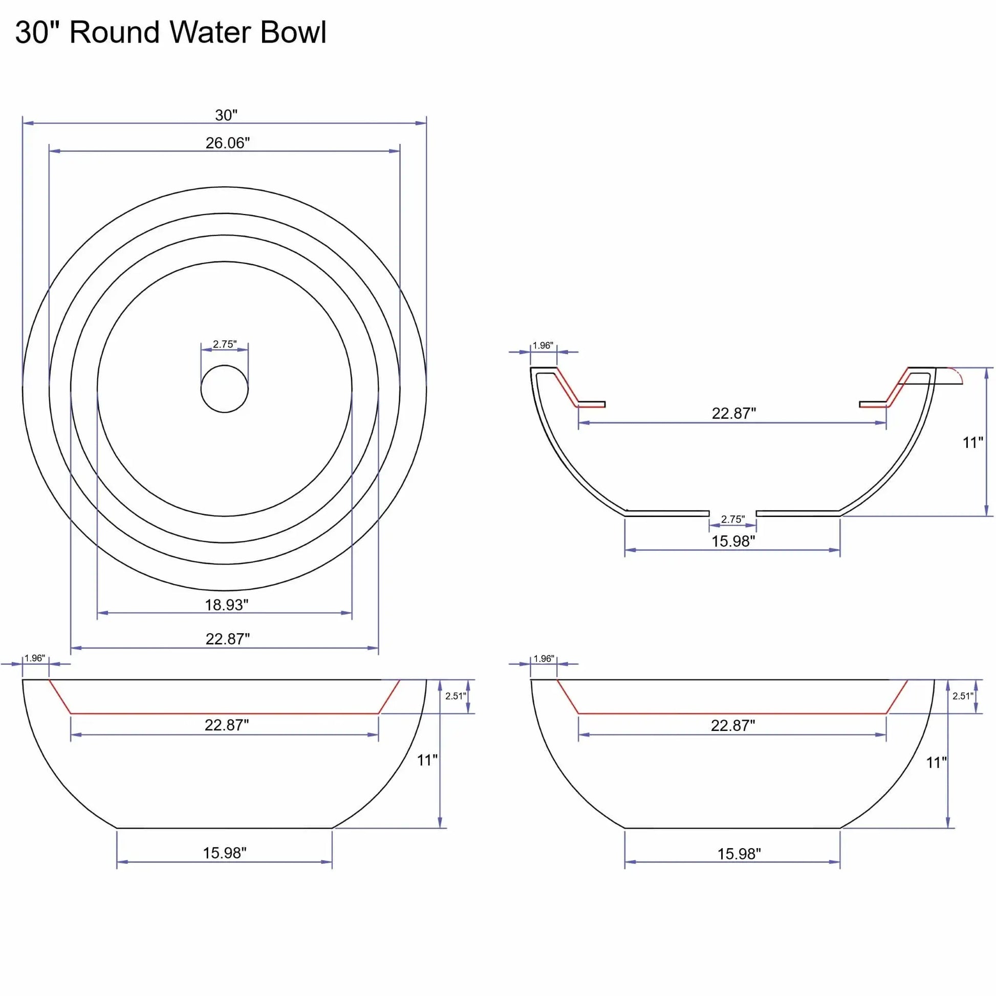 Detailed specification diagram of a 30 inch round Serenity Series water bowl by Flame Havens. The plan and cross-section views display a 30 inch diameter rim, 11 inch bowl height, 15.98 inch base width, and a centered 2.75 inch plumbing opening. Interior water basin dimensions and rim thickness are clearly labeled for accurate installation in custom pool and fountain water features.