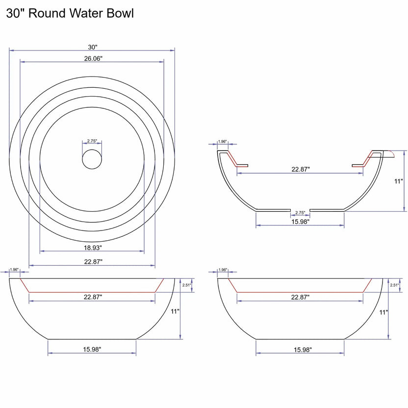 Detailed specification diagram of a 30 inch round Serenity Series water bowl by Flame Havens. The plan and cross-section views display a 30 inch diameter rim, 11 inch bowl height, 15.98 inch base width, and a centered 2.75 inch plumbing opening. Interior water basin dimensions and rim thickness are clearly labeled for accurate installation in custom pool and fountain water features.