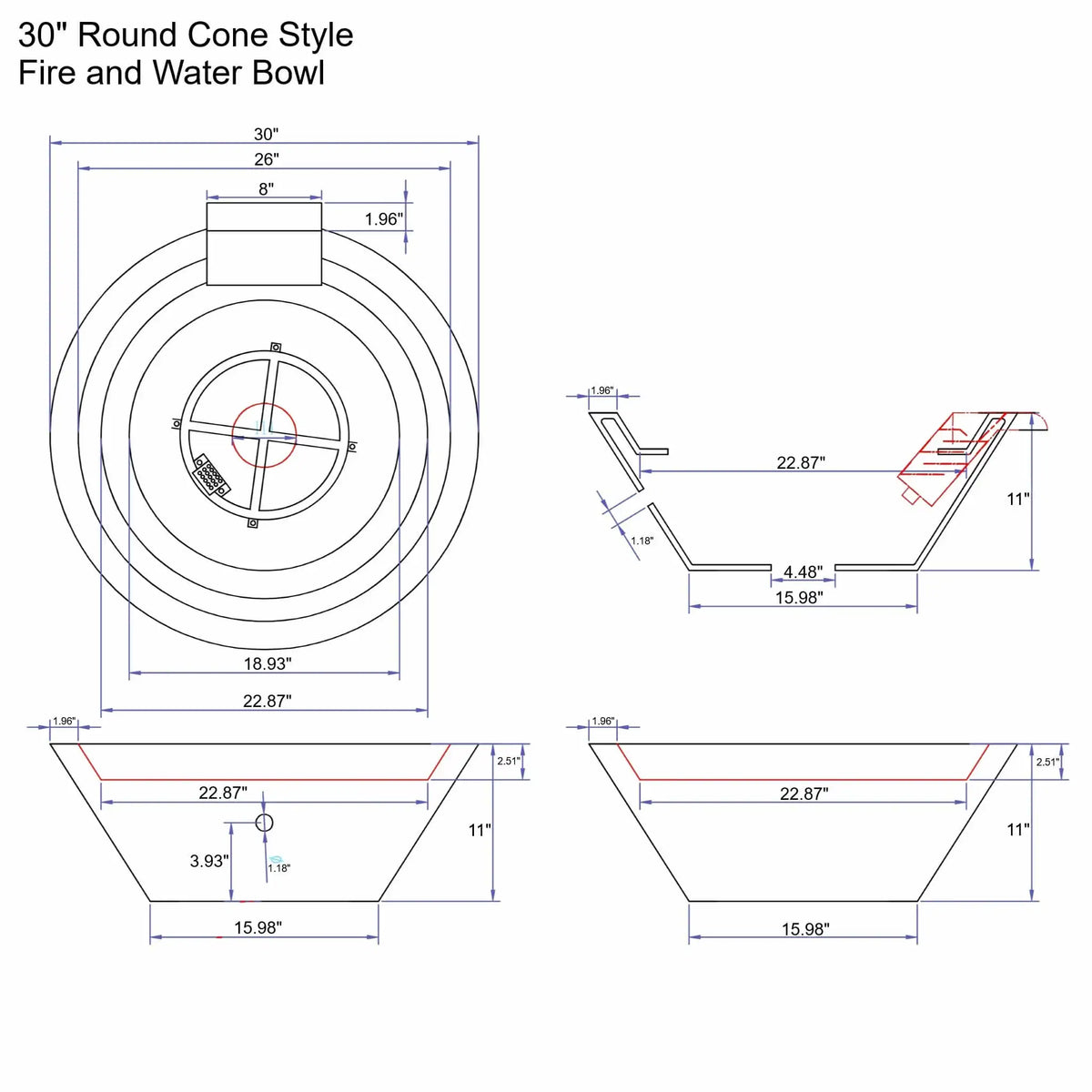 Detailed technical drawing of a 30-inch round cone-style fire and water bowl showing top, side, and cross-section views with precise dimensions, including overall diameter, interior basin width, wall thickness, burner location, spillway placement, base width, and total height for accurate outdoor fire and water feature installation.