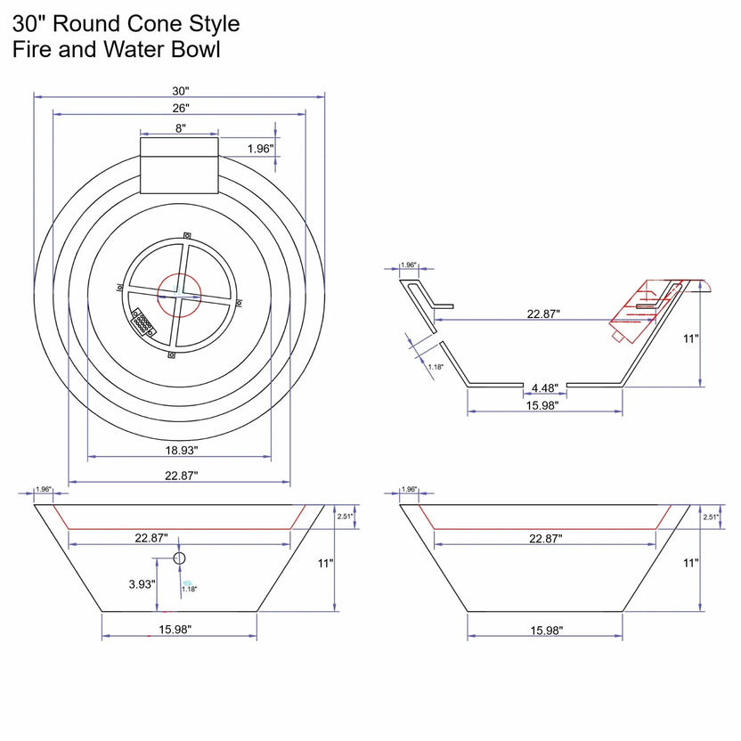 Detailed technical drawing of a 30-inch round cone-style fire and water bowl showing top, side, and cross-section views with precise dimensions, including overall diameter, interior basin width, wall thickness, burner location, spillway placement, base width, and total height for accurate outdoor fire and water feature installation.