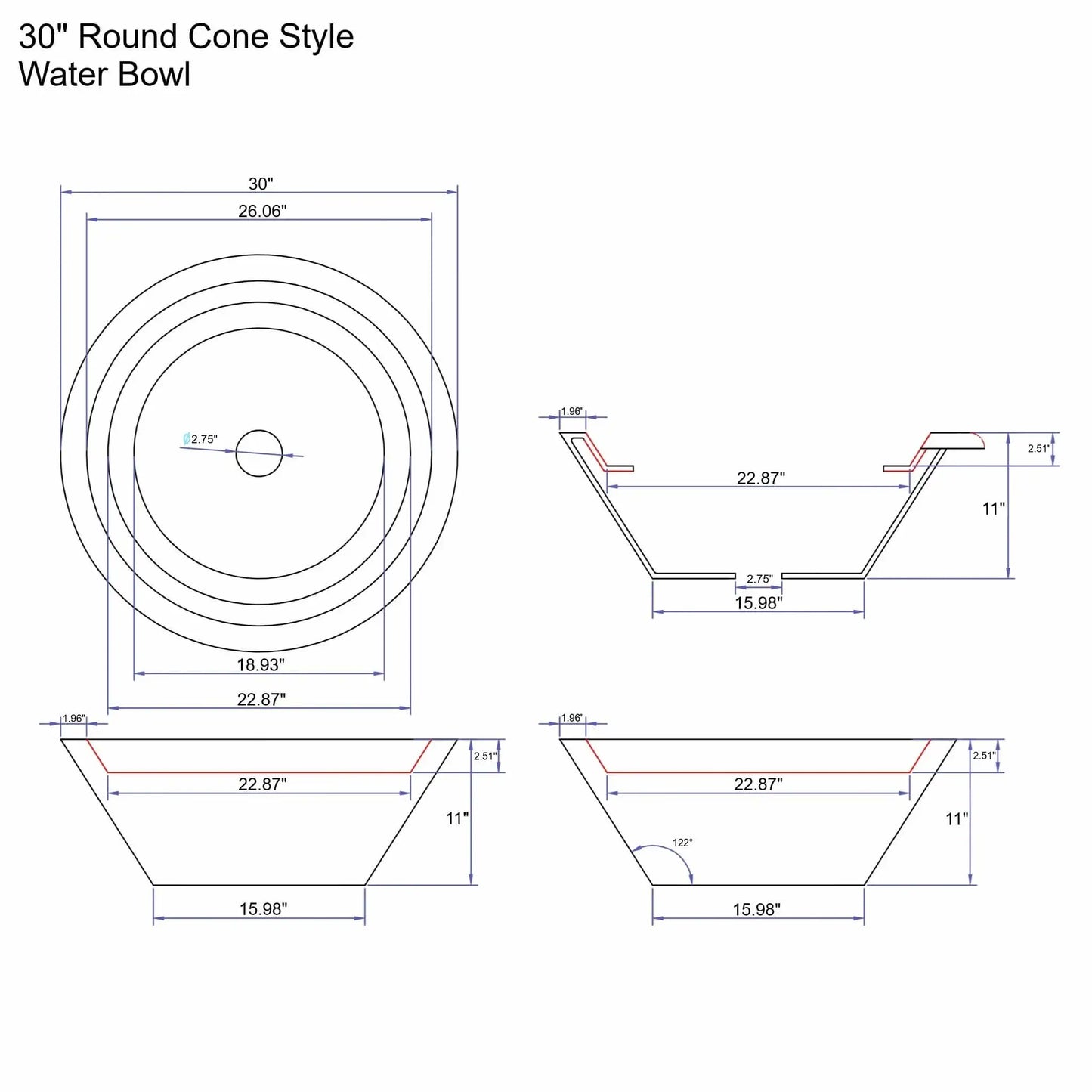 Technical engineering drawing of a 30 inch round cone-style water bowl from the Flame Havens Serenity Series. The diagram includes top, side, and section views showing the sloped cone walls, 30 inch diameter rim, 11 inch overall height, 15.98 inch base, and 2.75 inch center drain opening. Dimensional annotations highlight the angular bowl geometry used in decorative water feature installations.
