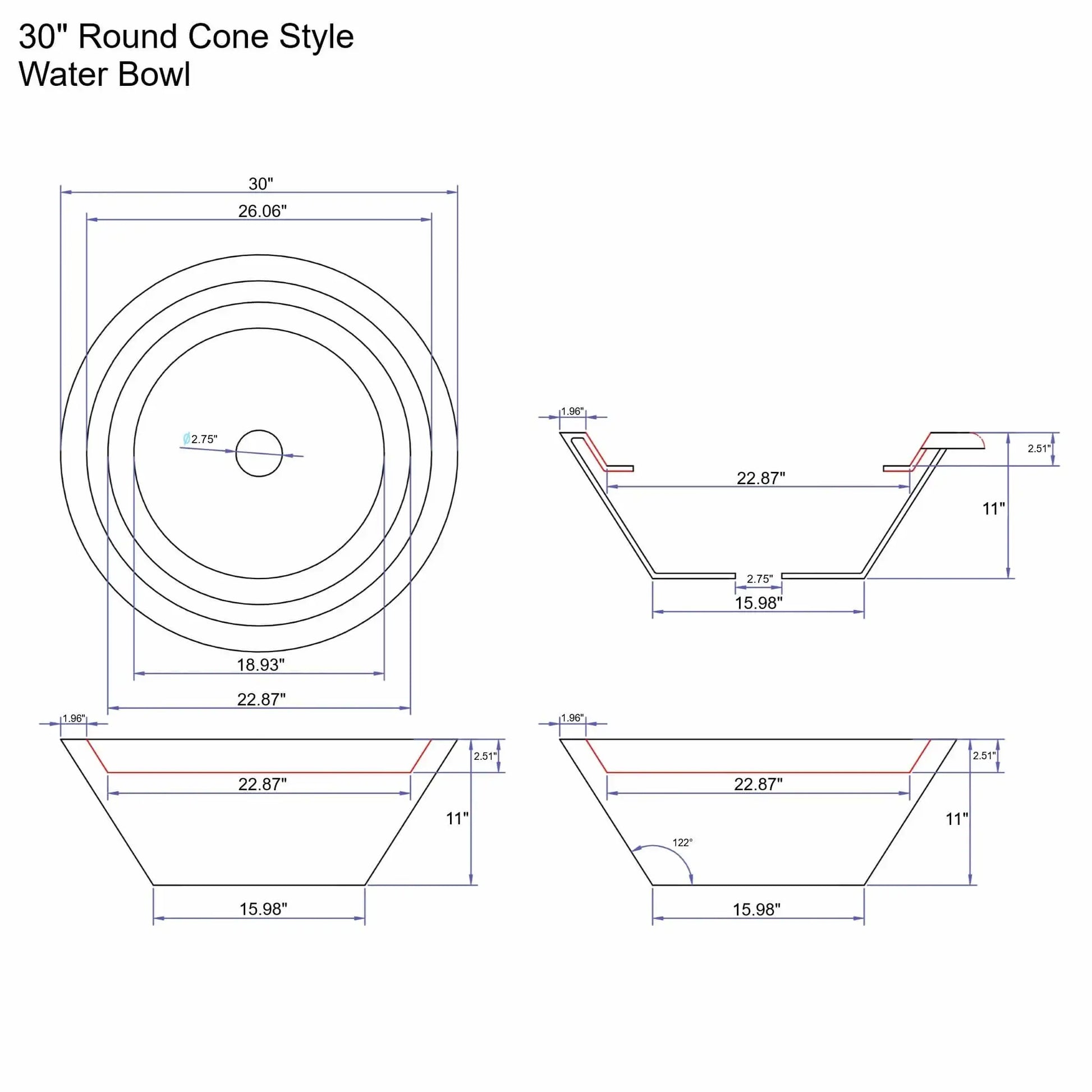 Technical engineering drawing of a 30 inch round cone-style water bowl from the Flame Havens Serenity Series. The diagram includes top, side, and section views showing the sloped cone walls, 30 inch diameter rim, 11 inch overall height, 15.98 inch base, and 2.75 inch center drain opening. Dimensional annotations highlight the angular bowl geometry used in decorative water feature installations.