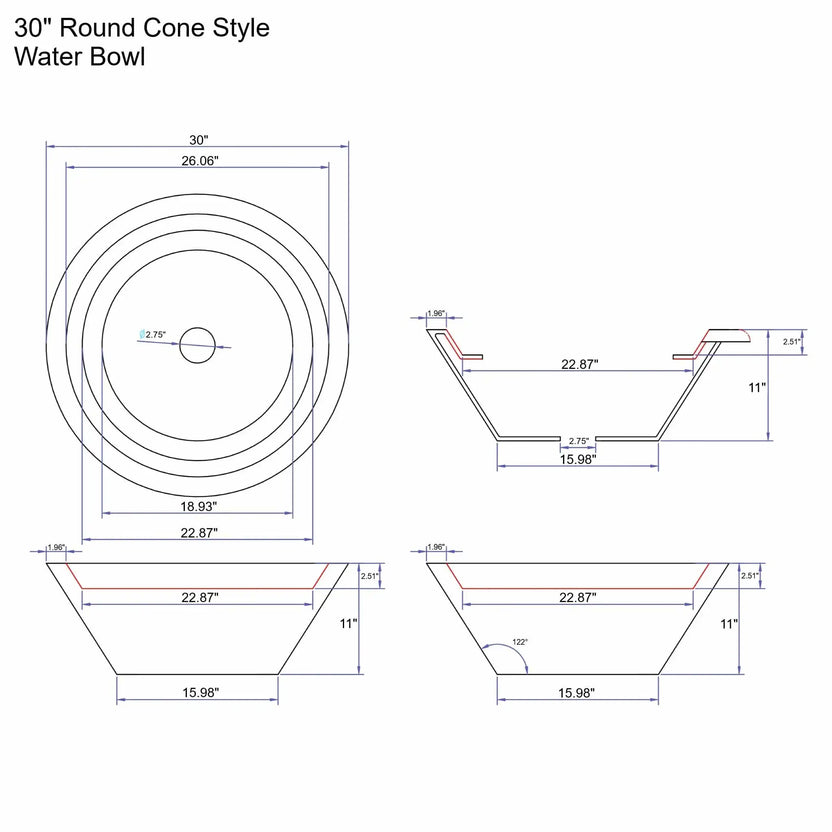 Technical engineering drawing of a 30 inch round cone-style water bowl from the Flame Havens Serenity Series. The diagram includes top, side, and section views showing the sloped cone walls, 30 inch diameter rim, 11 inch overall height, 15.98 inch base, and 2.75 inch center drain opening. Dimensional annotations highlight the angular bowl geometry used in decorative water feature installations.
