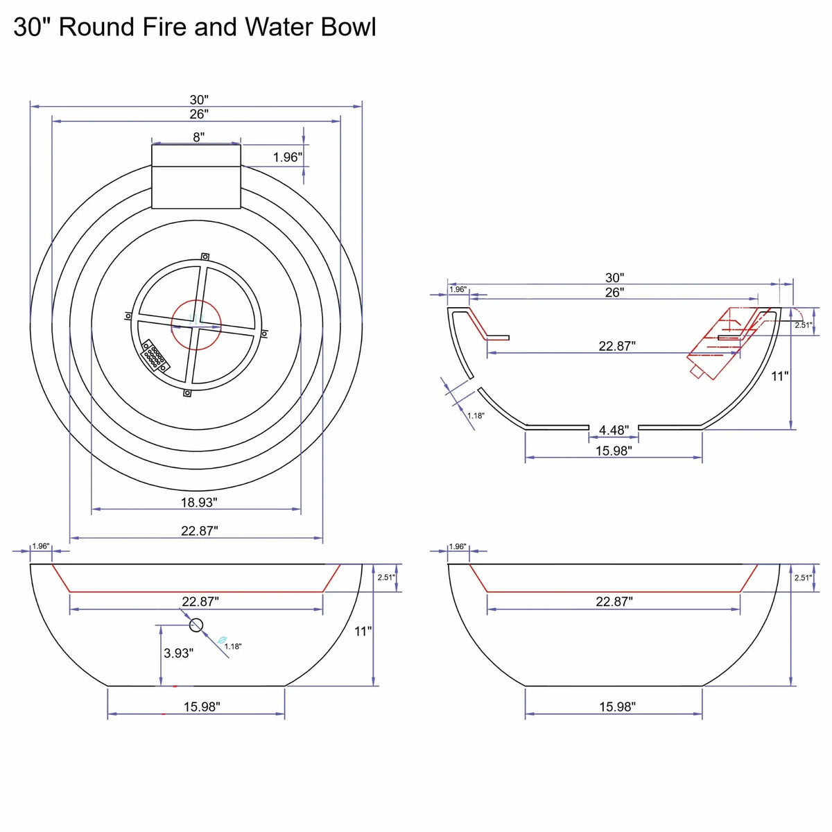 Detailed technical drawing of a 30-inch round fire and water bowl showing top, side, and cross-section views with precise measurements, including bowl diameter, interior basin size, wall thickness, burner placement, spillway dimensions, and overall height, designed for GFRC concrete outdoor fire and water feature installations.