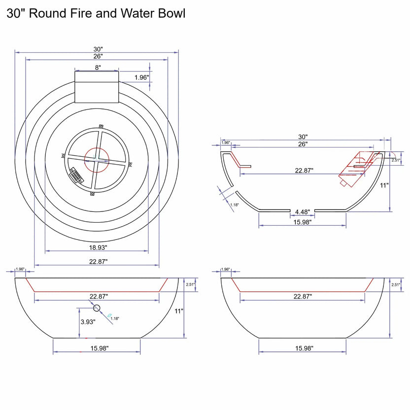 Detailed technical drawing of a 30-inch round fire and water bowl showing top, side, and cross-section views with precise measurements, including bowl diameter, interior basin size, wall thickness, burner placement, spillway dimensions, and overall height, designed for GFRC concrete outdoor fire and water feature installations.