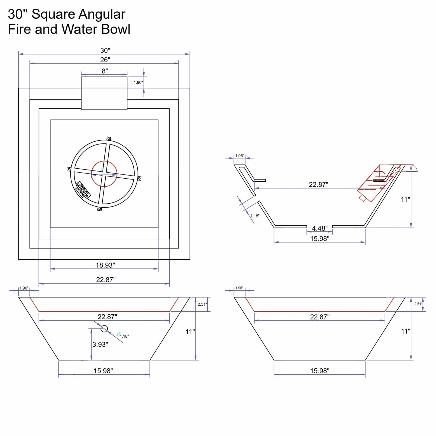 Detailed engineering drawing of a 30-inch square angular fire and water bowl, showing top, side, and cross-section views with exact dimensions. The diagram illustrates the recessed burner pan layout, integrated water scupper placement, bowl depth, wall thickness, and tapered concrete profile, providing precise measurements for planning and installation of a GFRC concrete fire and water feature.