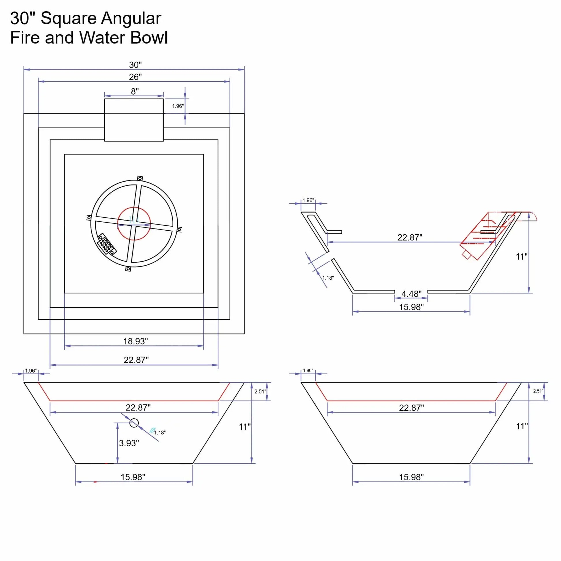 Detailed engineering drawing of a 30-inch square angular fire and water bowl, showing top, side, and cross-section views with exact dimensions. The diagram illustrates the recessed burner pan layout, integrated water scupper placement, bowl depth, wall thickness, and tapered concrete profile, providing precise measurements for planning and installation of a GFRC concrete fire and water feature.