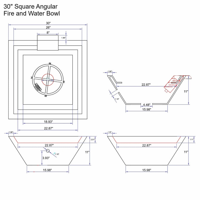 Detailed engineering drawing of a 30-inch square angular fire and water bowl, showing top, side, and cross-section views with exact dimensions. The diagram illustrates the recessed burner pan layout, integrated water scupper placement, bowl depth, wall thickness, and tapered concrete profile, providing precise measurements for planning and installation of a GFRC concrete fire and water feature.