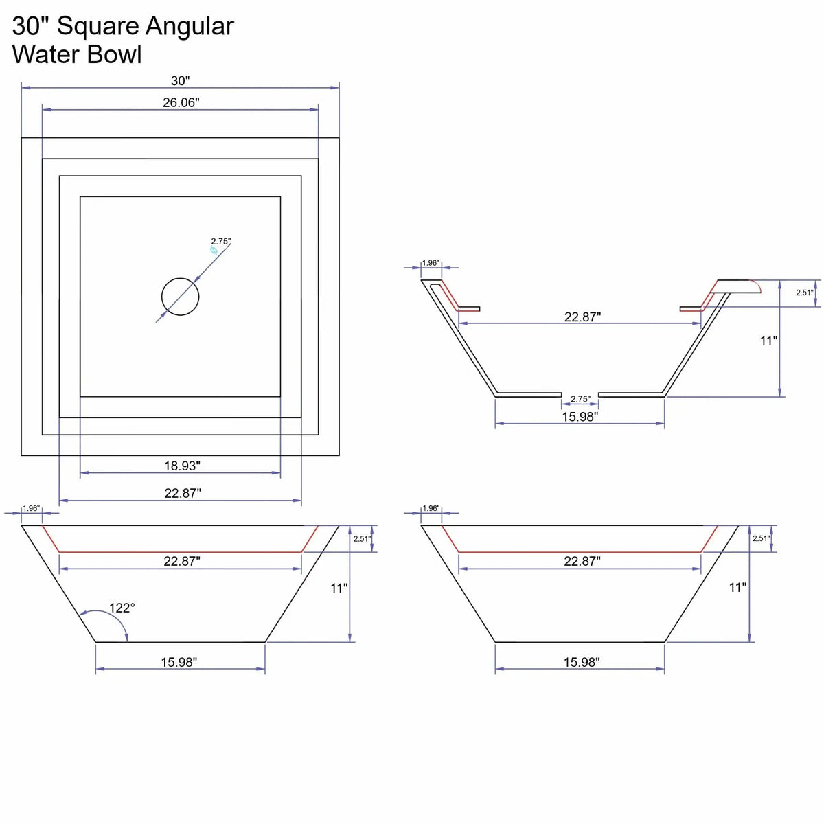 Dimensioned specification drawing of a 30 inch square angular water bowl from the Flame Havens Serenity Series. The technical sheet displays top and cross-section views with measurements for the 30 inch square rim, 11 inch height, 15.98 inch base width, and centered 2.75 inch plumbing opening. The angular sidewalls and interior basin geometry are detailed for fountain and pool water feature construction.
