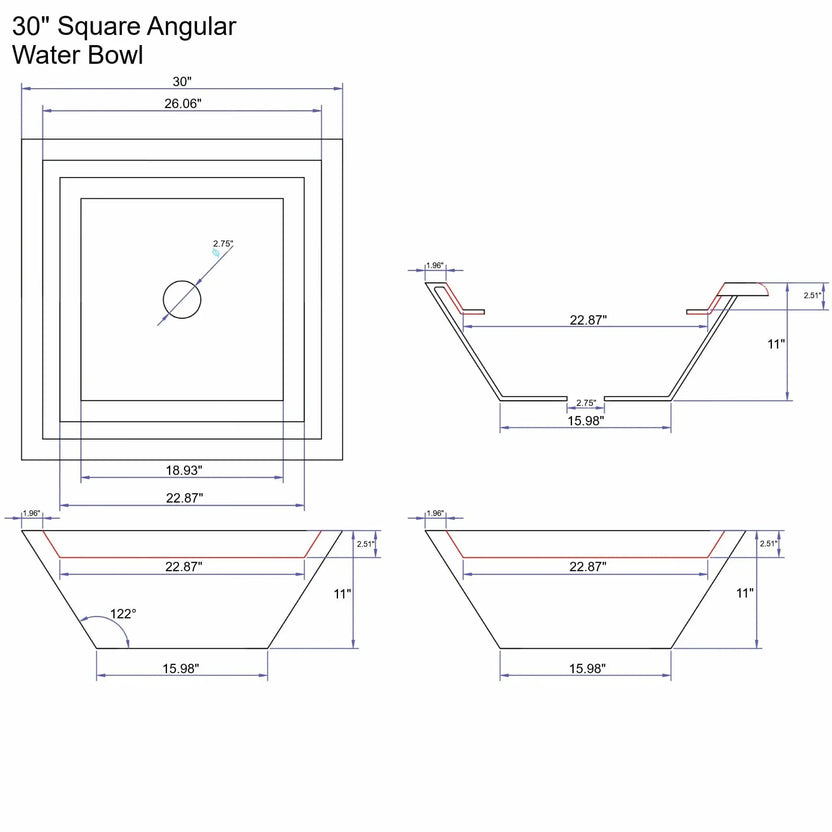 Dimensioned specification drawing of a 30 inch square angular water bowl from the Flame Havens Serenity Series. The technical sheet displays top and cross-section views with measurements for the 30 inch square rim, 11 inch height, 15.98 inch base width, and centered 2.75 inch plumbing opening. The angular sidewalls and interior basin geometry are detailed for fountain and pool water feature construction.