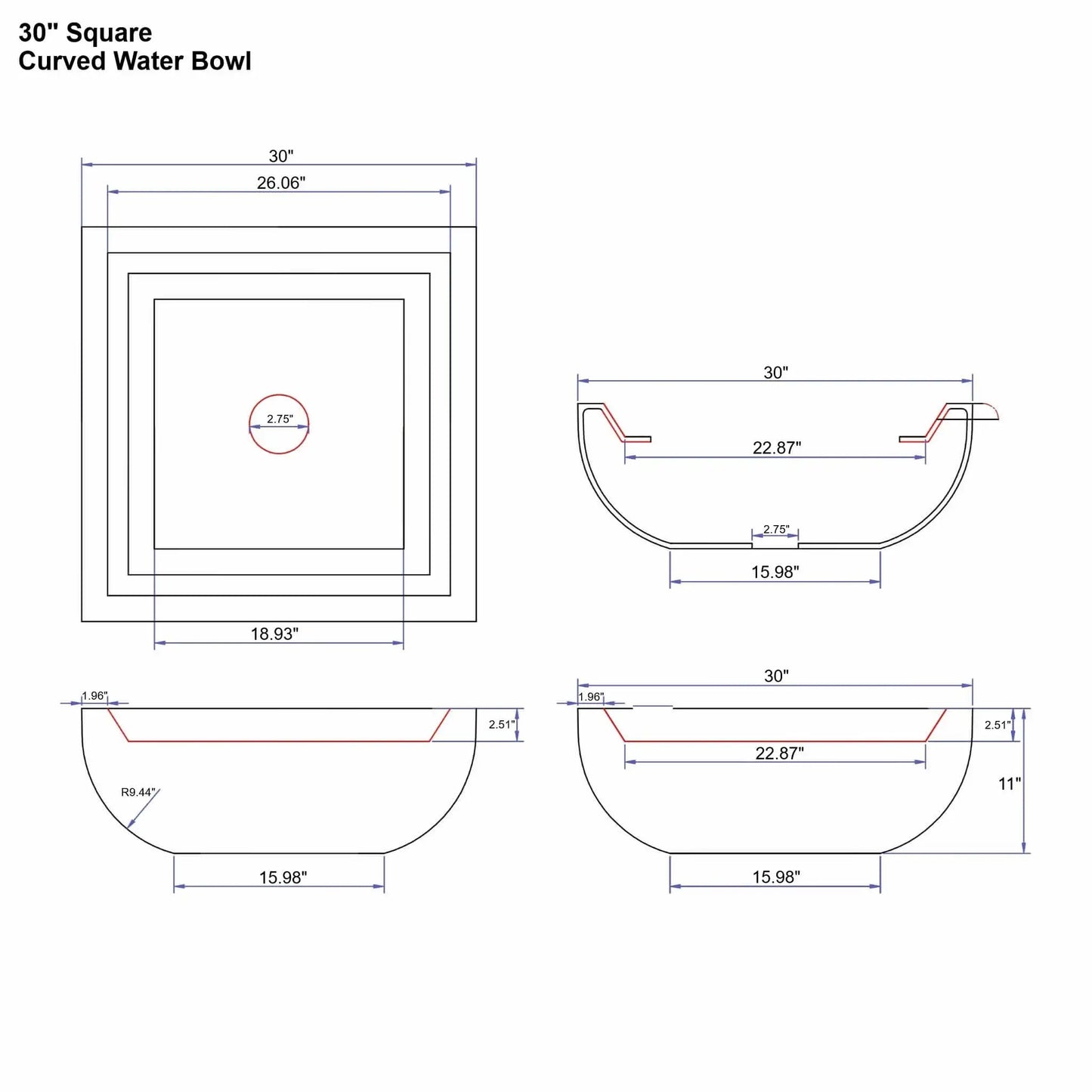 Specification diagram showing a 30 inch square curved Serenity Series water bowl. The drawing illustrates top and sectional views with a 30 inch square rim, 11 inch bowl height, 15.98 inch base width, and centered 2.75 inch plumbing opening. The smooth curved bowl profile and internal water basin depth are dimensioned for architectural water feature design and installation.