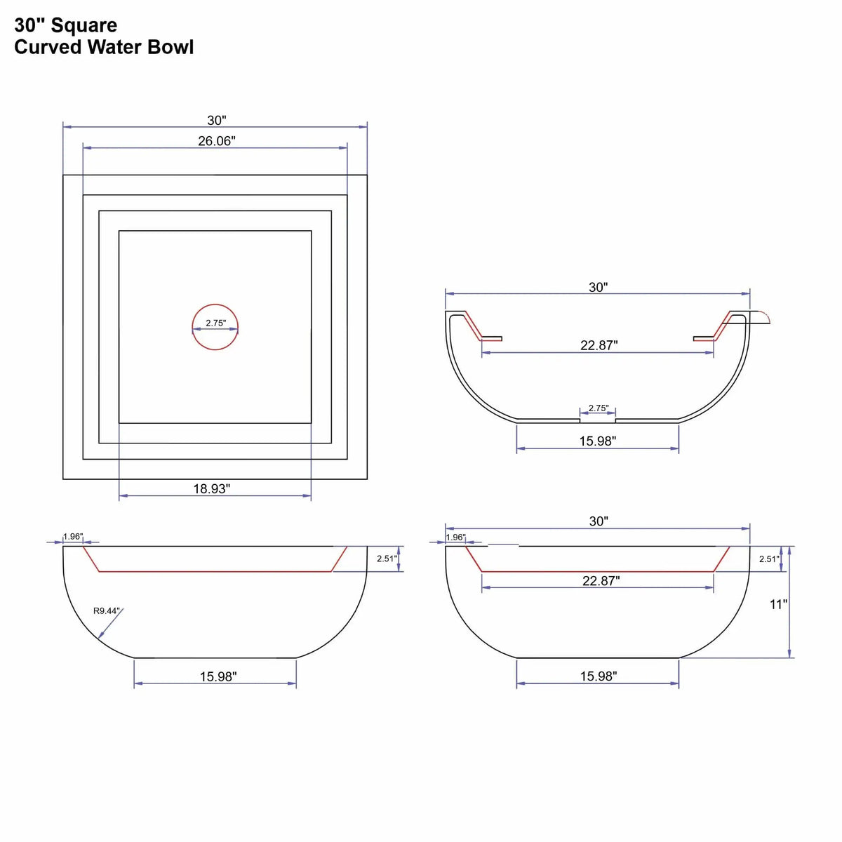 Specification diagram showing a 30 inch square curved Serenity Series water bowl. The drawing illustrates top and sectional views with a 30 inch square rim, 11 inch bowl height, 15.98 inch base width, and centered 2.75 inch plumbing opening. The smooth curved bowl profile and internal water basin depth are dimensioned for architectural water feature design and installation.