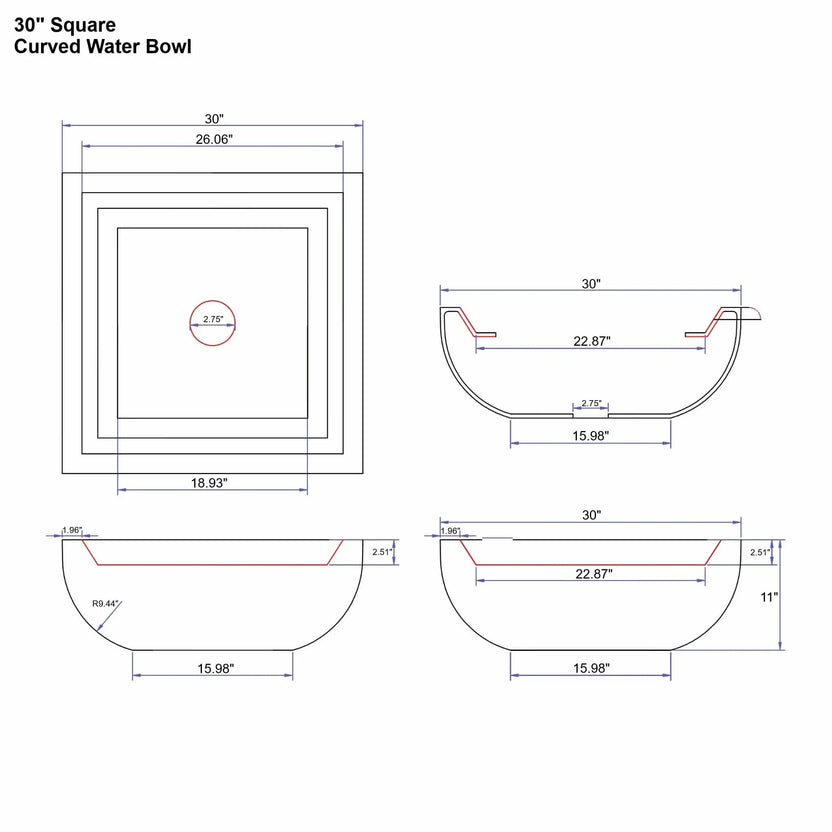 Specification diagram showing a 30 inch square curved Serenity Series water bowl. The drawing illustrates top and sectional views with a 30 inch square rim, 11 inch bowl height, 15.98 inch base width, and centered 2.75 inch plumbing opening. The smooth curved bowl profile and internal water basin depth are dimensioned for architectural water feature design and installation.