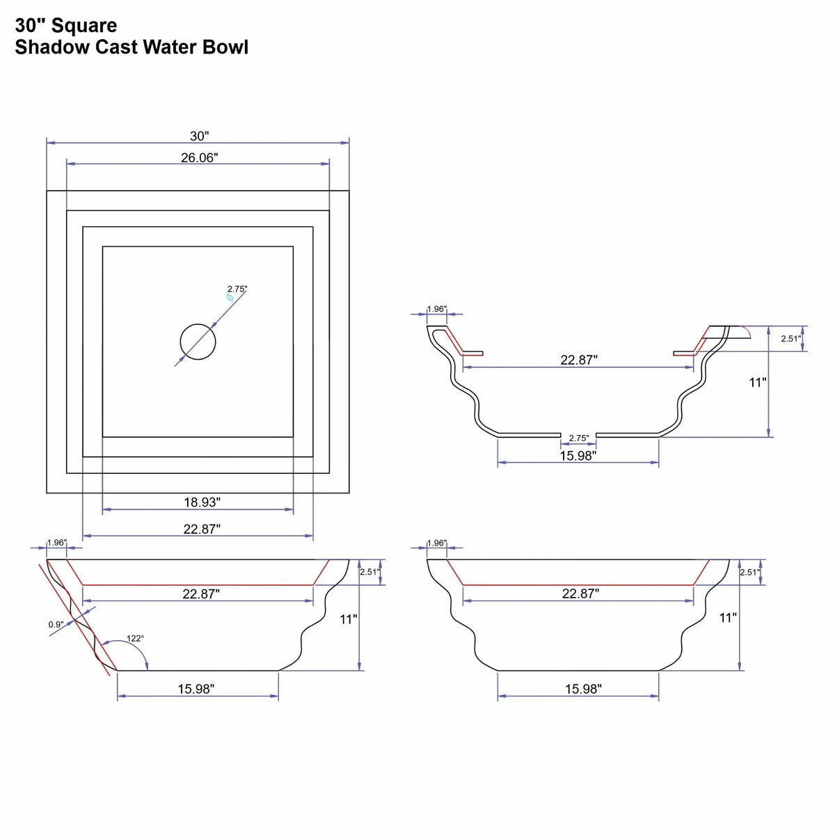 Engineering specification sheet for a 30 inch square shadow cast water bowl from the Flame Havens Serenity Series. The diagram includes top and sectional views with measurements for the 30 inch square rim, 11 inch height, sculpted shadow-cast exterior curves, and a 2.75 inch center plumbing opening. The decorative stepped profile and basin dimensions are shown for custom pool and fountain installations.