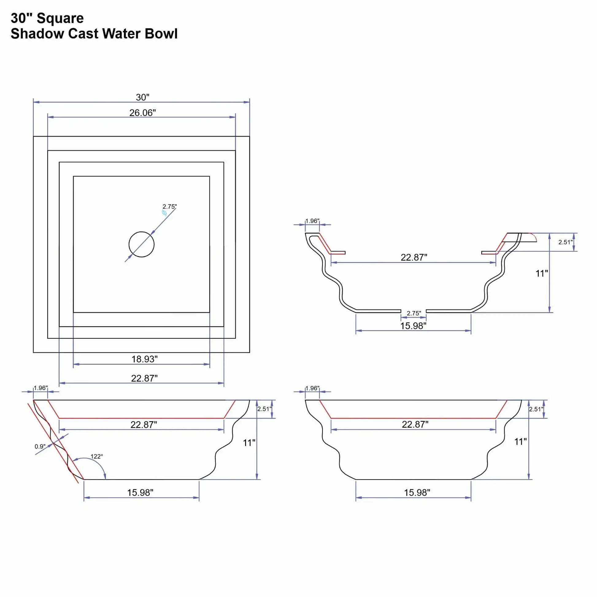 Engineering specification sheet for a 30 inch square shadow cast water bowl from the Flame Havens Serenity Series. The diagram includes top and sectional views with measurements for the 30 inch square rim, 11 inch height, sculpted shadow-cast exterior curves, and a 2.75 inch center plumbing opening. The decorative stepped profile and basin dimensions are shown for custom pool and fountain installations.