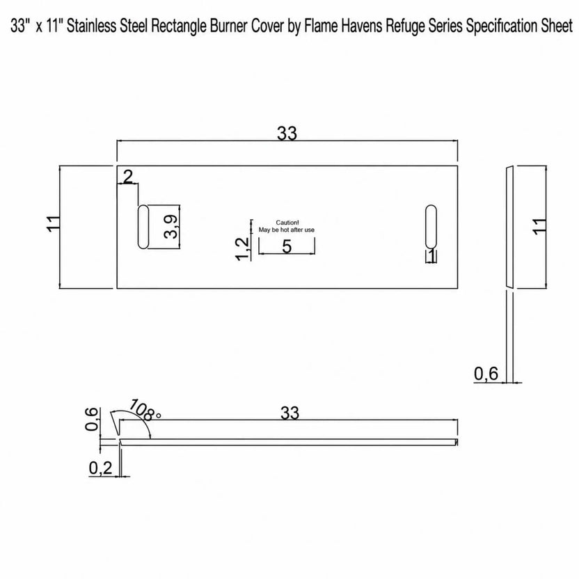 Technical specification sheet for the 33 x 11 Inch Rectangle Stainless Steel Burner Cover by Flame Havens Refuge Series. The diagram includes dimensional measurements, side profile details, handle slot sizing, and material thickness specifications for the rectangular GFRC concrete fire pit burner cover. Black engineering-style line drawings and measurements are shown on a white background.