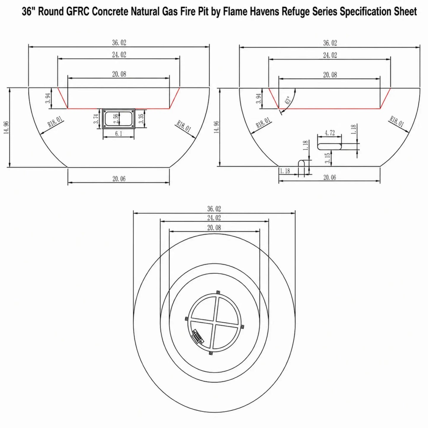Technical specification sheet for the 36-inch Round Natural Gas Fire Pit by Flame Havens Refuge Series. The engineering drawing includes top, side, and sectional views with detailed dimensions, burner placement, cutout measurements, and structural sizing information for the round GFRC concrete outdoor fire pit design.