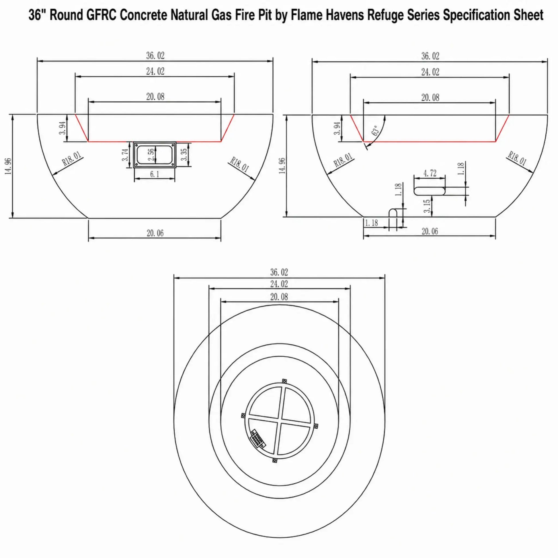 Technical specification sheet for the 36-inch Round Natural Gas Fire Pit by Flame Havens Refuge Series. The engineering drawing includes top, side, and sectional views with detailed dimensions, burner placement, cutout measurements, and structural sizing information for the round GFRC concrete outdoor fire pit design.