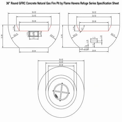 Technical specification sheet for the 36-inch Round Natural Gas Fire Pit by Flame Havens Refuge Series. The engineering drawing includes top, side, and sectional views with detailed dimensions, burner placement, cutout measurements, and structural sizing information for the round GFRC concrete outdoor fire pit design.