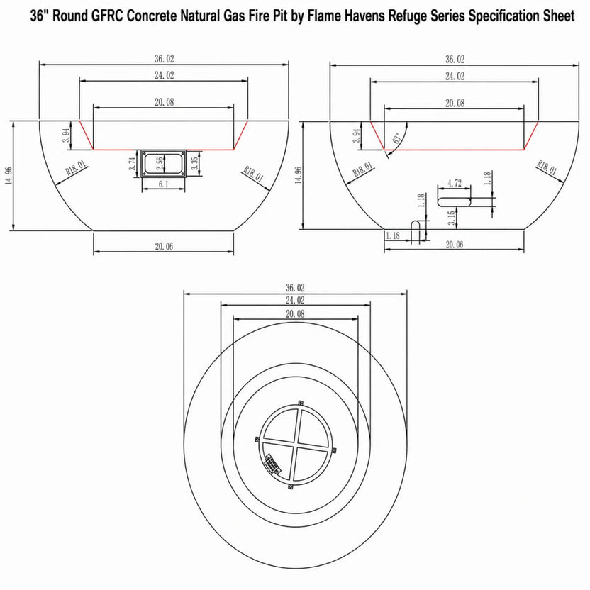 Technical specification sheet for the 36-inch Round Natural Gas Fire Pit by Flame Havens Refuge Series. The engineering drawing includes top, side, and sectional views with detailed dimensions, burner placement, cutout measurements, and structural sizing information for the round GFRC concrete outdoor fire pit design.