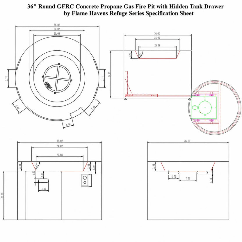 Specification sheet for the 36-inch Round GFRC Concrete Propane Gas Fire Pit with Hidden Tank Drawer by Flame Havens Refuge Series. The technical drawing includes top, side, and sectional views with labeled dimensions, burner layout details, propane tank drawer placement, recessed control locations, and overall measurements for the round outdoor concrete fire pit design.